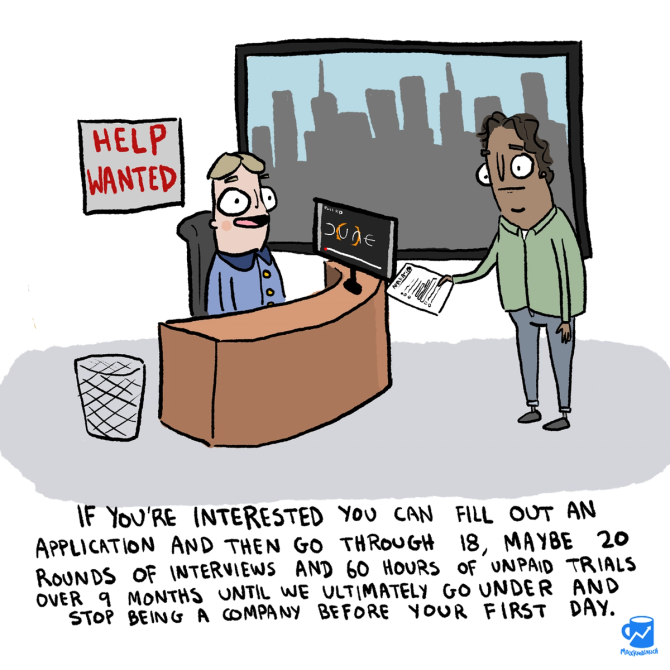Cartoon depicting an employer who is putting an applicant through a marathon of an interview process