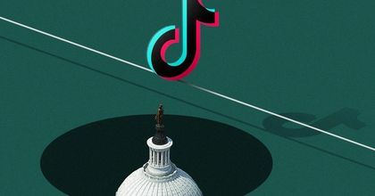 The top of the US capital building poking through a hole in the ground with the TikTok logo hovering above it