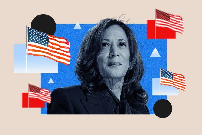 Kamala Harris with American flags emerging from digital containers and red pixelated ones symbolizing spam or maliciousness