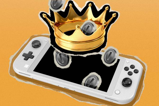 A Nintendo Switch with digital coins coming out of the screen and a crown hovering above it.