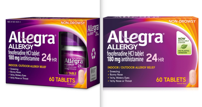 One way Sanofi is reducing its carbon footprint is by eliminating the plastic windows on old packaging (left), with newer recyclable packaging (right) containing no plastic