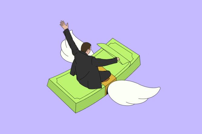 Man in suit rides money stack with wings