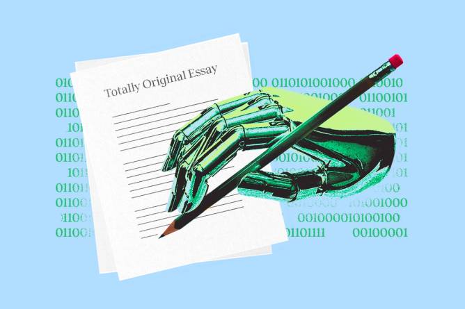A graphic showing an AI robot hand writing an essay