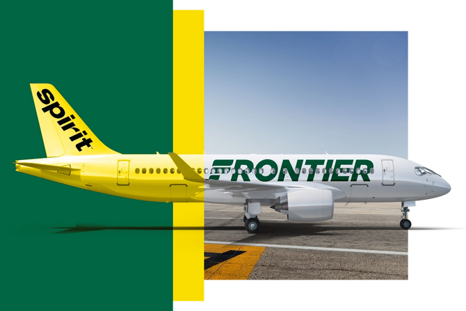 A photo illustration combing Spirit and Frontier Airlines jets.