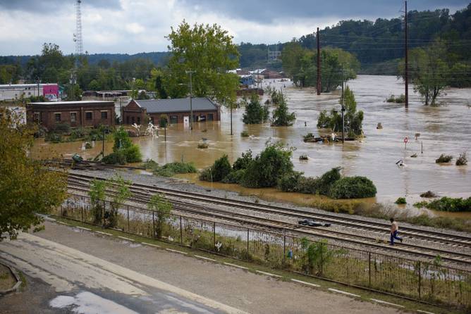 Heavy rains from hurricane Helene caused record flooding and damage on September 28, 2024 in Asheville, North Carolina