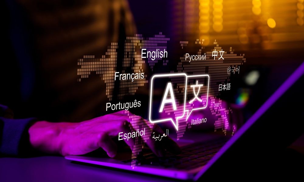 Man using laptop with icons for various languages overlaid