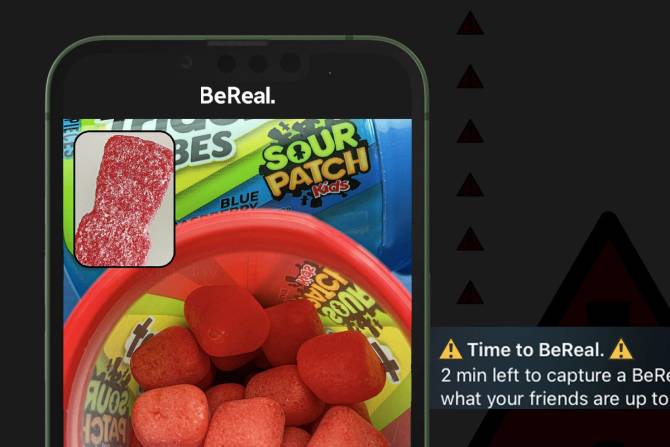 a photo of Sour Patch Kids and Trident posting a fake BeReal on Twitter