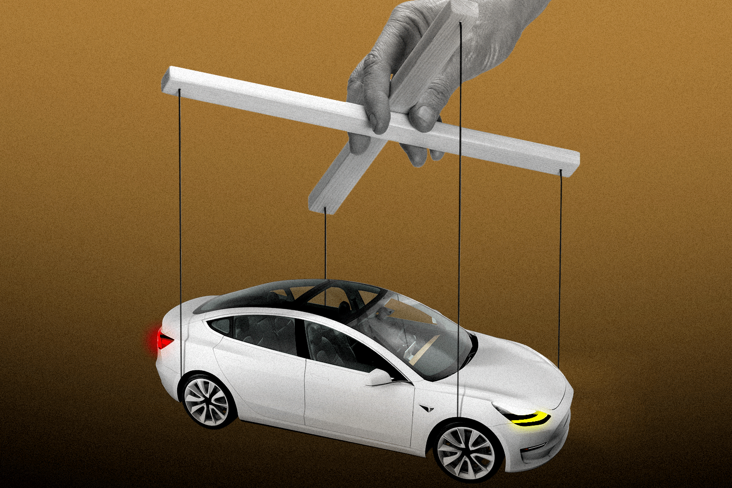 An electric vehicle dangling off of puppet strings held by a human hand
