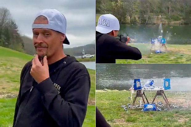 Kid Rock shooting a case of beer.