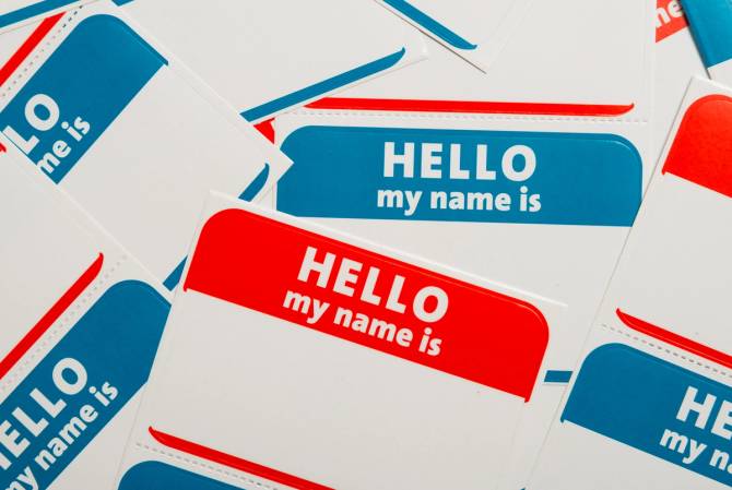  A pile of blank "Hello my name is" tags.