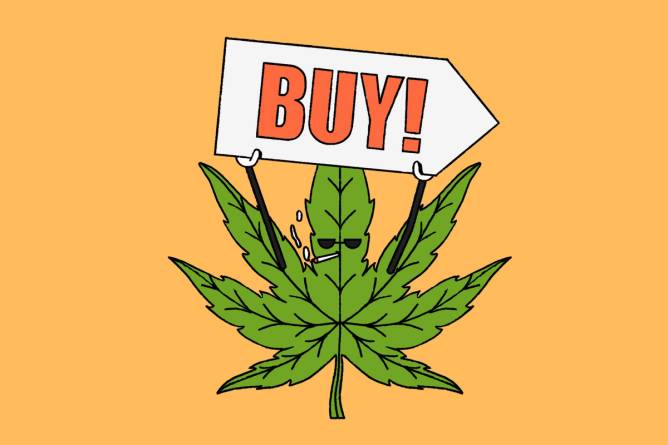 Marijuana leaf holding sign that reads "buy"