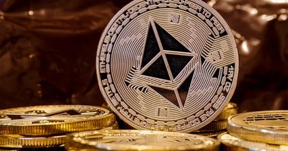 Gold coins engraved with the Ethereum cryptocurrency logo