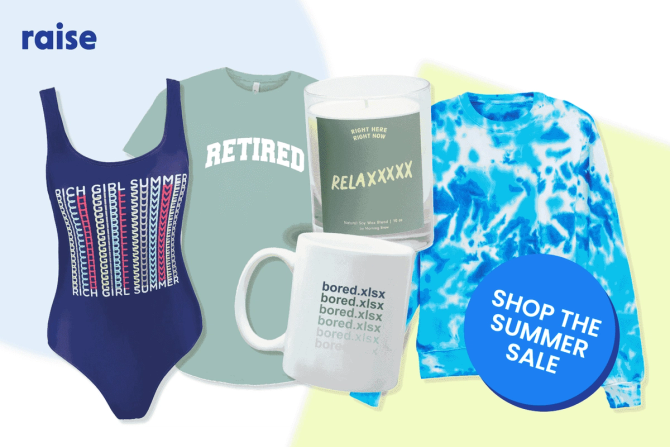 Sweatshirt, mug, swimsuit, and other products on sale