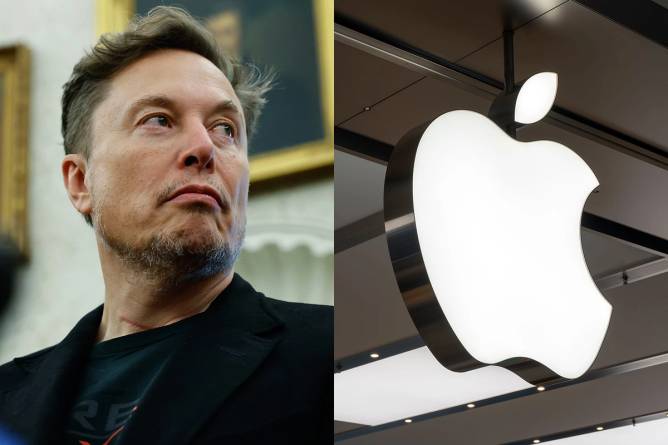 A split image of Elon Musk and the Apple logo