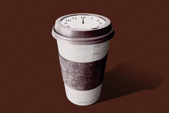 Coffee cup paired with a clock striking midnight
