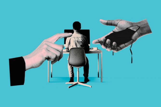 Hand tapping an employee's shoulder while another hand holds out an apron.