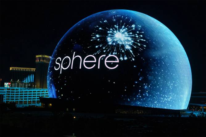 the sphere in las vegas at night with the word 