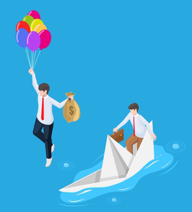 Somebody jumps from a boat holding balloons and a bag of money