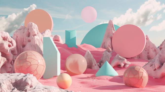 Pink and blue 3D shapes set amongst a pink sand desert scene with lighter pink rock formations and blue skies and white clouds