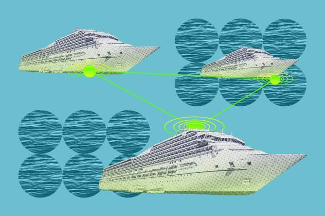 Image of three cruise ships with lines indicating internet connectivity. 