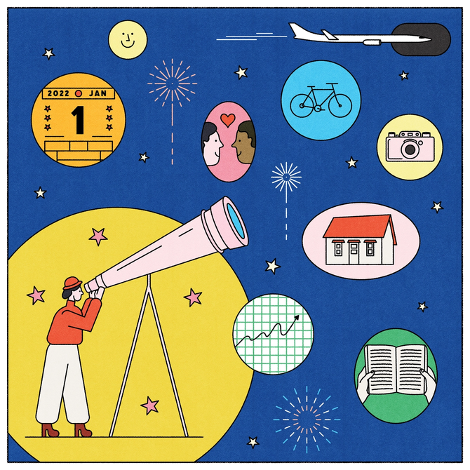 "New year, new possibilities" illustration showing a person looking through a telescope 