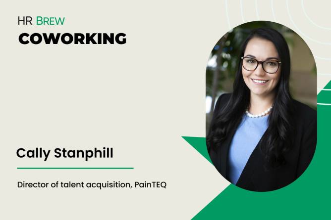 image of woman wearing a blazer smiling next to the text HR Brew Coworking, Cally Stanphill, director of talent acquisition, painteq