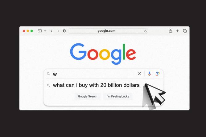 A Google search bar in a Safari browser suggesting the question "What can I buy for 20 billion dollars"