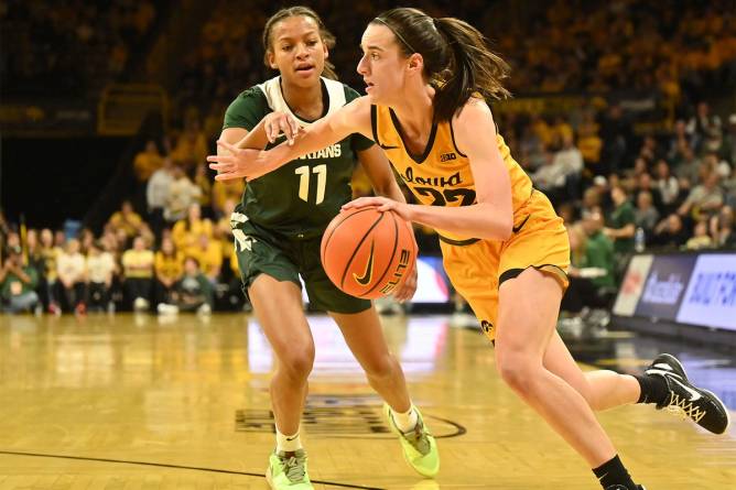 Caitlin Clark playing basketball for Iowa