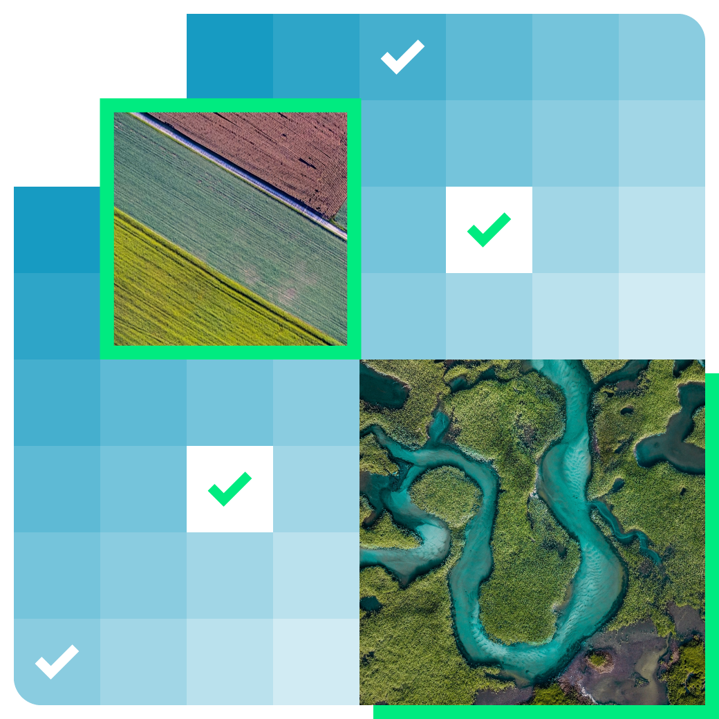 A grid collage highlighting aerial landscapes of farmland and a winding river.