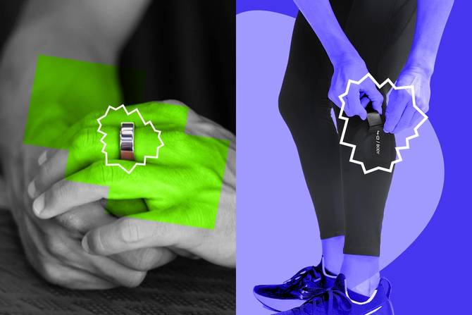 image of Oura and Whoop wearables, on the finger and leg respectively