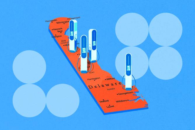 EV chargers on a map of Delaware.