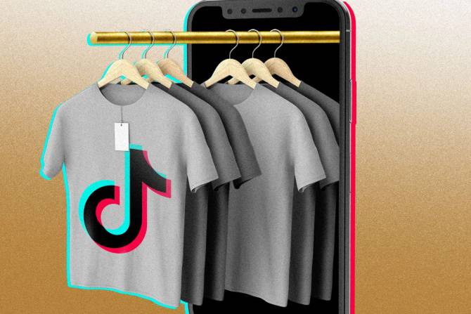 a bunch of t-shirts coming out of a phone; the TikTok logo is on one of them