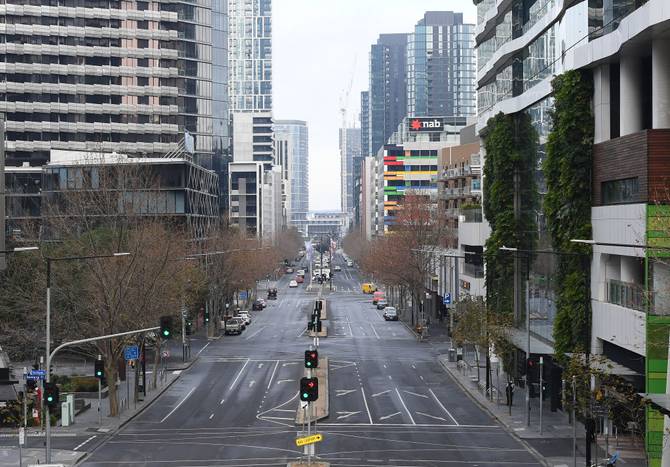 Empty streets of the city are seen on July 27, 2020 in Melbourne, Australia