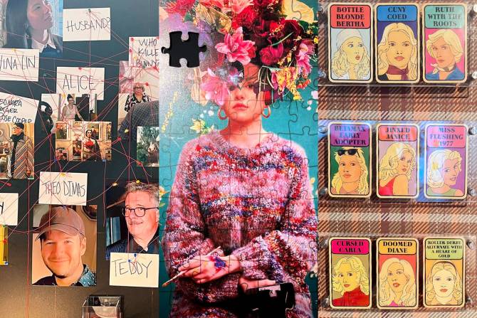 Details from a pop-up activation for the Hulu series 'Only Murders in the Building,' including photos of potential suspects on a corkboard, a puzzle with a missing piece, and cards from a fictional card game Son of Sam.
