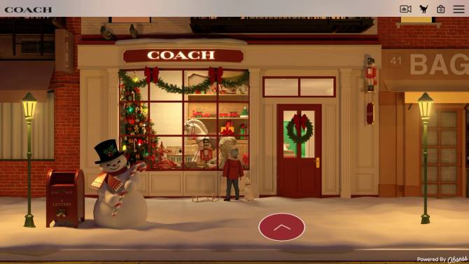 Digital rendering of a snowy sidewalk and snowman in front of a Coach store