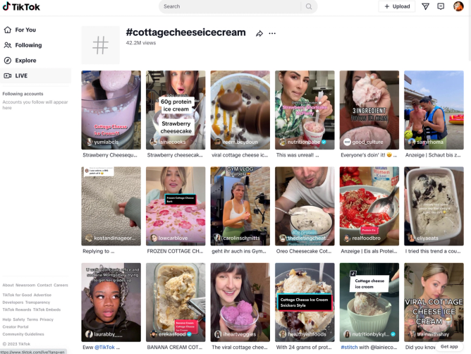 The TikTok page that features videos tagged #cottagecheeseicecream