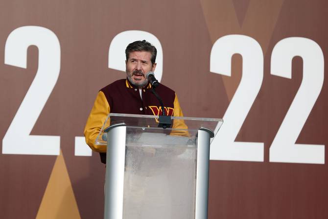 Team co-owner Dan Snyder speaks during the announcement of the Washington Football Team's name change to the Washington Commanders at FedExField on February 02, 2022 in Landover, Maryland