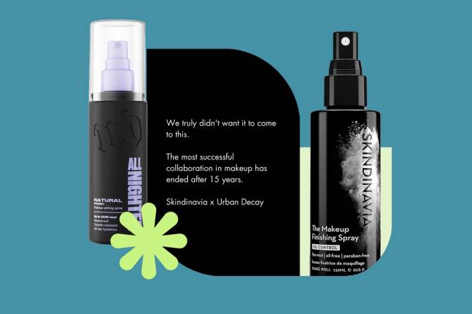A photo composite of a bottle of Urban Decay All Nighter spray and Skindinavia setting spray, both black spray bottles along with a goodbye message from Skindinavia.