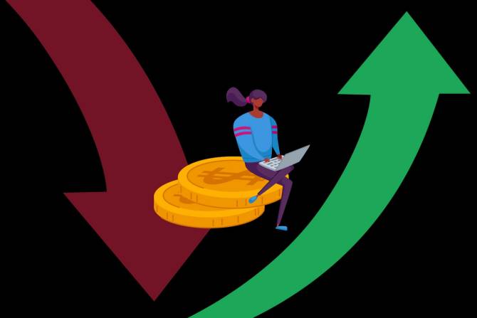 an illustration of a person on their laptop sitting on coins with arrows behind them