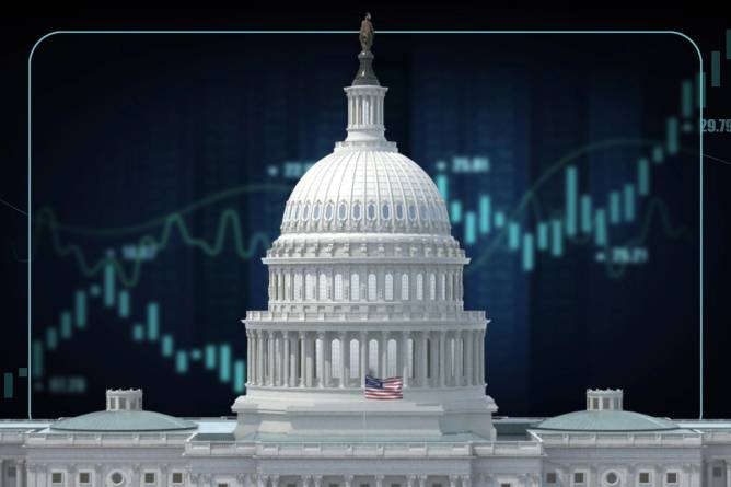 The white house in front of a stock chart