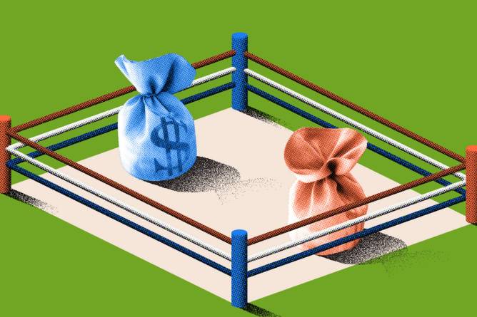 Red and blue money bags square off in a boxing ring