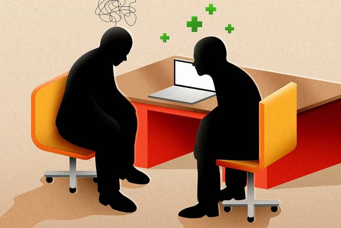 Shadows of manager and employee talking at a cubicle