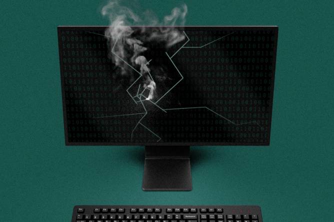 Broken and smoking monitor screen
