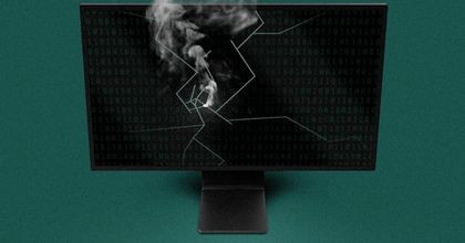 A computer monitor with a severely cracked screen and smoking displaying binary code with a keyboard sitting in front of it