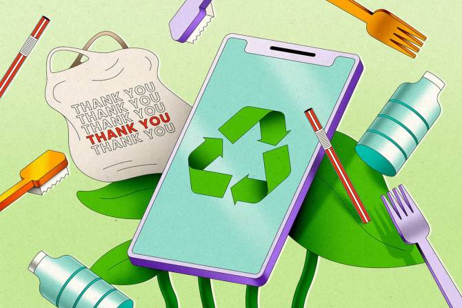 An Iphone with a recycling symbol, a reusable bag, reusable water bottles