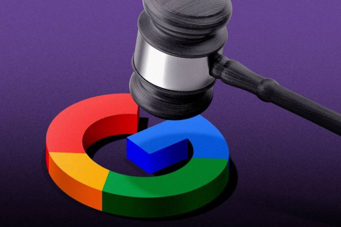 A gavel hammering down on a Google logo