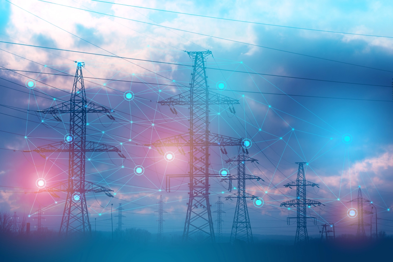 An image of power lines with a rendering of a network of nodes overlaid
