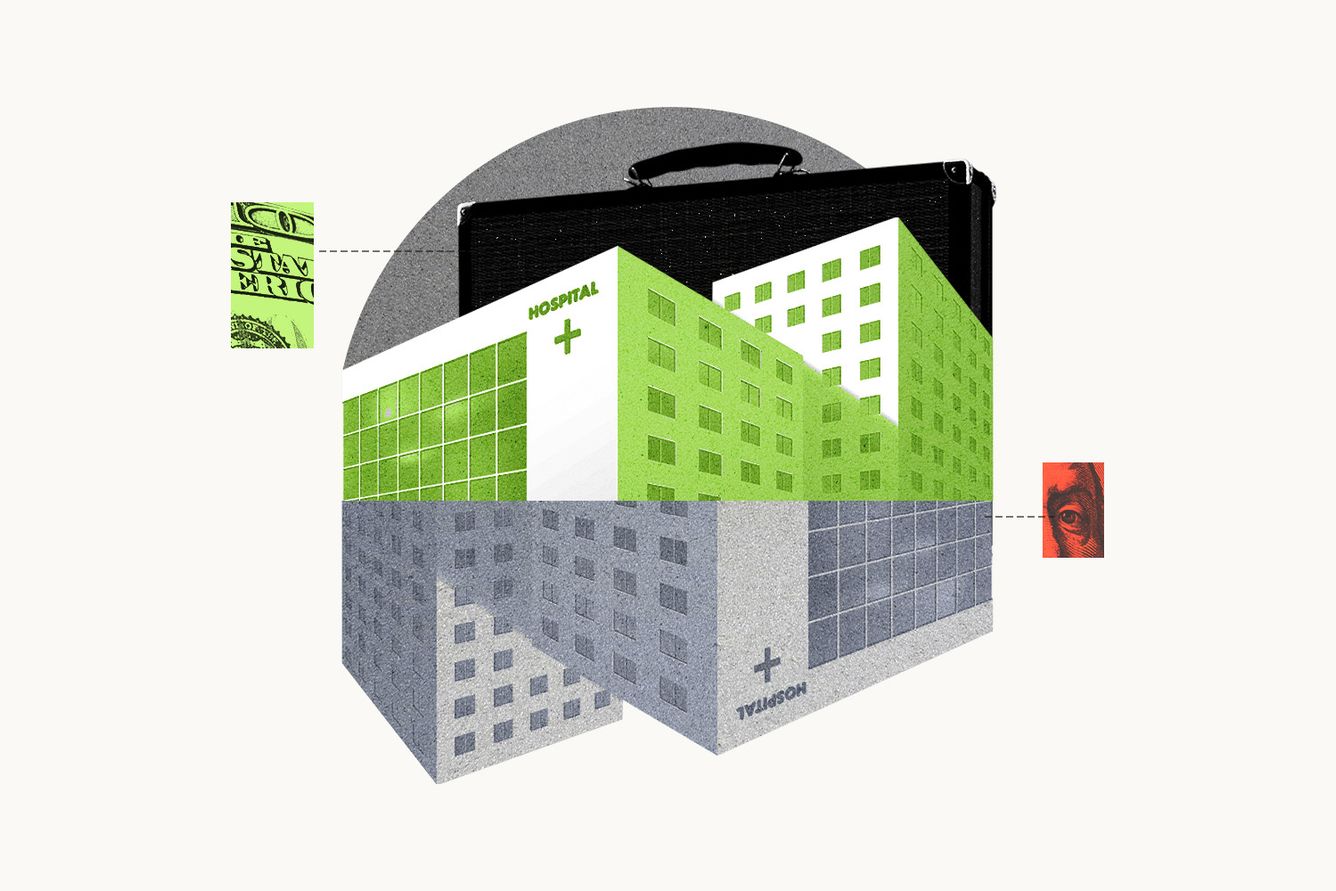 Hospital building split in half collaged with briefcase and $100 bill. Credit: Illustration: Anna Kim, Photos: Adobe Stock.