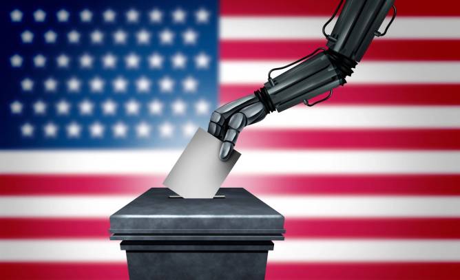 A robot arm voting in front of an American flag