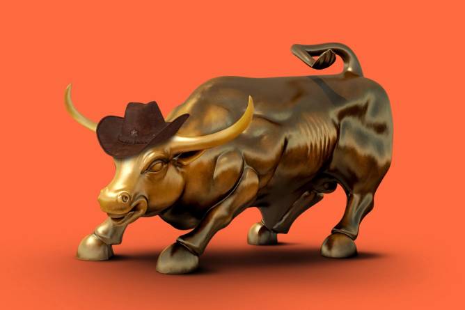 Wall Street bull wearing a cowboy hat